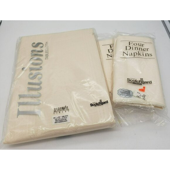 Bardwill Linens Illusions Ivory Tablecloth 8 Napkins 60" x 84" Oblong Scotchgard